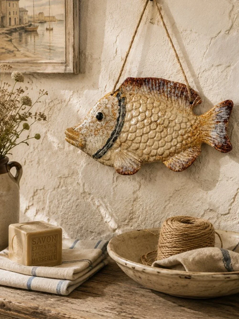 Vintage Hand Painted Fish Wall Hanging Coastal Folk Art Pottery Decor